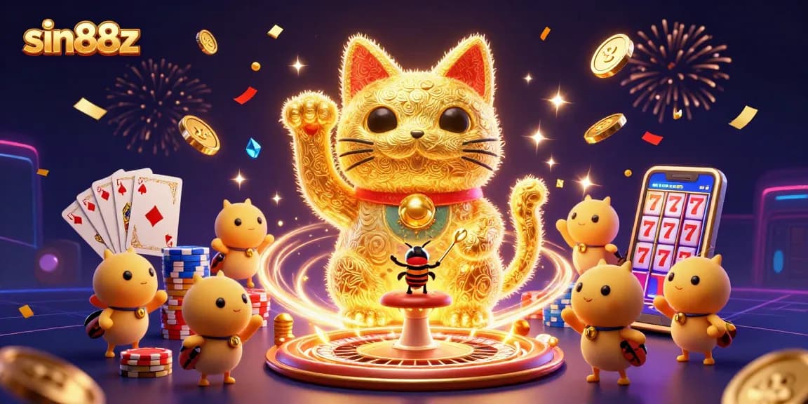 Experience thrilling wins with sin88z in a vibrant, dynamic casino scene featuring a giant lucky cat.