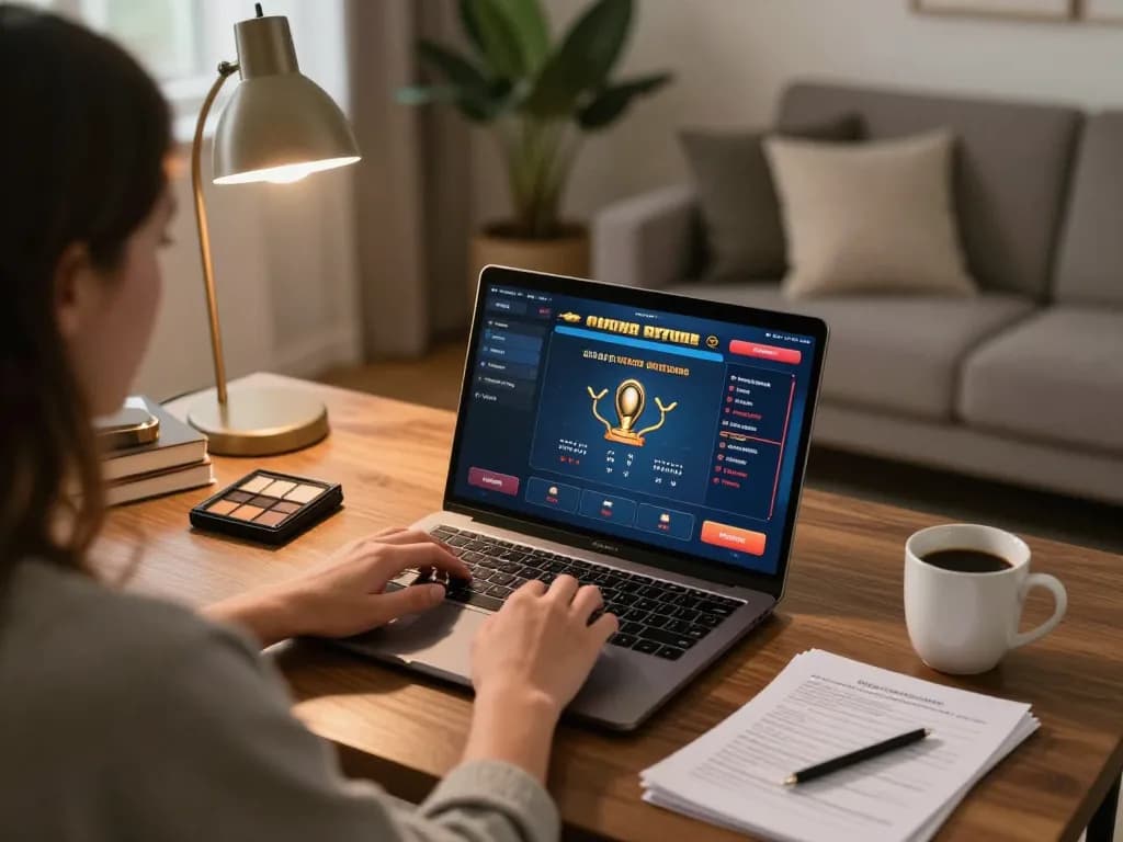 Enjoying Casino Online through a laptop, showcasing poker gameplay in a cozy home environment.