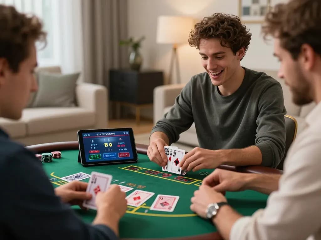Player enjoying LIGA2000 live dealer blackjack on tablet in a stylish home setup
