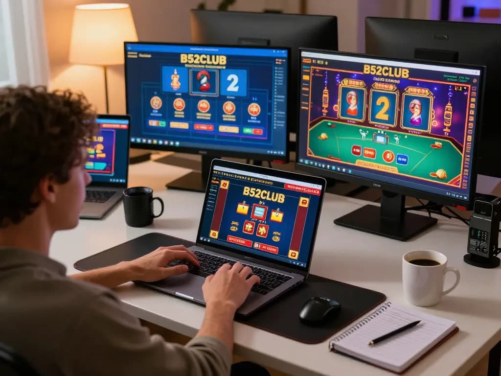 Engaging player at B52CLUB enjoying online casino games on multiple devices in a cozy home setting