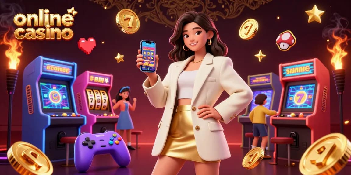 Experience the excitement of an online casino with a 3D illustration featuring a woman showcasing a gaming app.