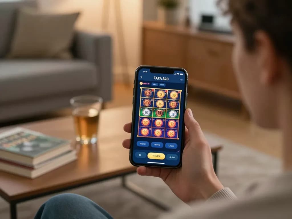 Player engaging with FAFA 828 mobile app for online gaming in a cozy home setting.
