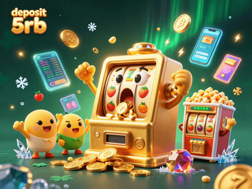 Engage with deposit 5rb in this vibrant slot machine scene overflowing with coins and glowing elements.