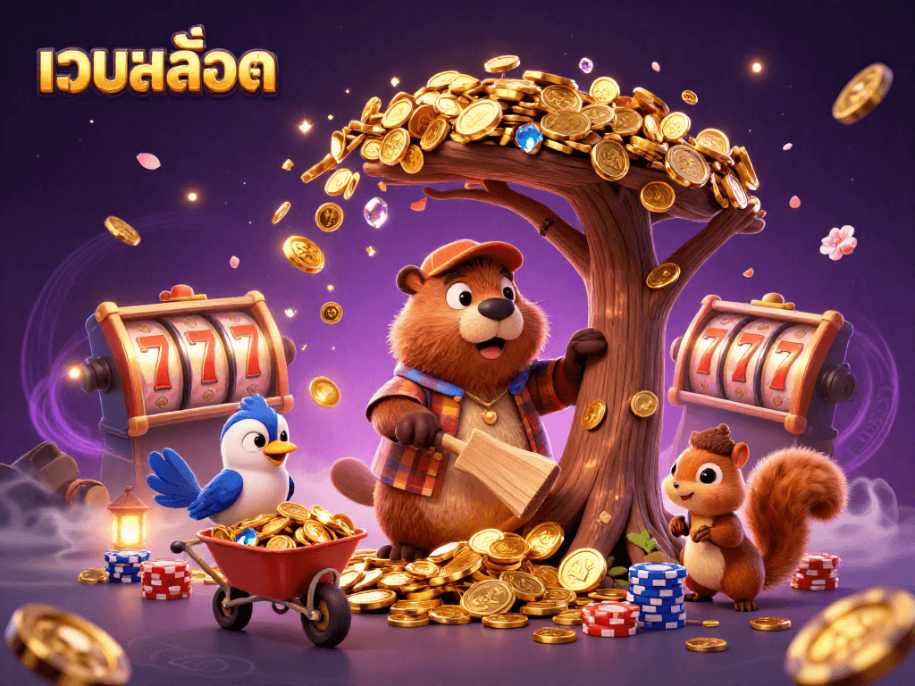 Experience the thrill of เว็บสล็อต with golden coins cascading around a beaver and friends in this vibrant 3D scene.