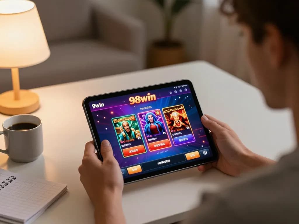 Engaging online gaming session with 98win app showcasing user strategy in a cozy home setup.