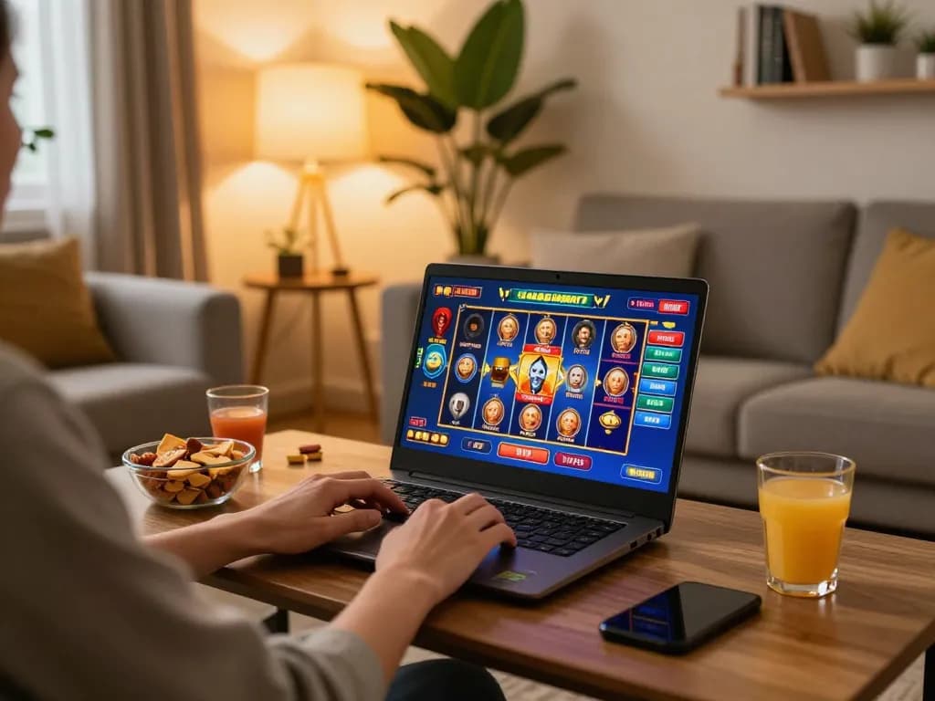 Engaging gameplay at Free No Deposit Casinos on a laptop at home, with snacks and cozy atmosphere.