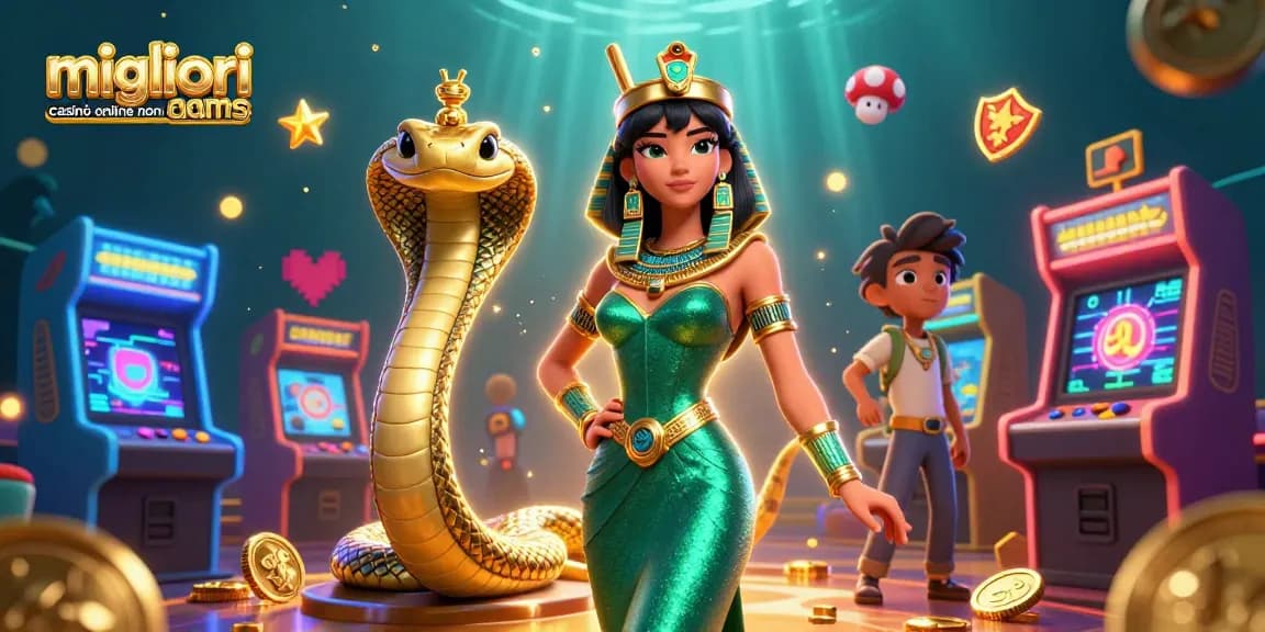 Illustrazione dei migliori casinò online non AAMS che mostrano giochi e elementi da casinò vivaci insieme a una donna elegante e a un cobra dorato.