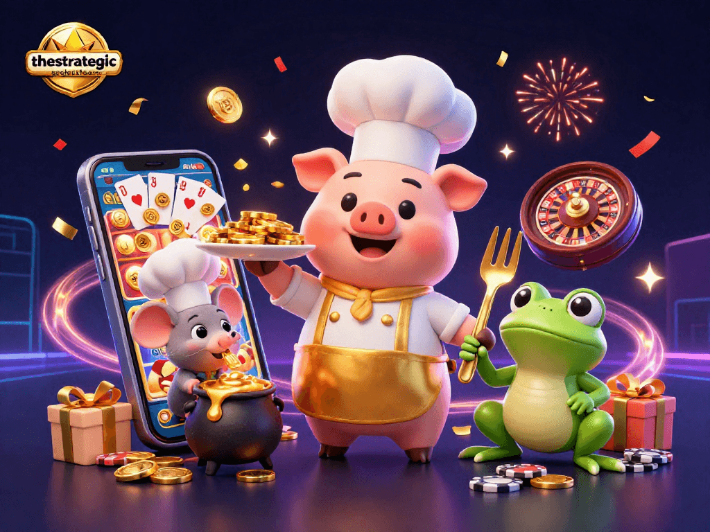 Thestrategicprojectsteam showcases an exciting 3D scene with characters celebrating in a casino.