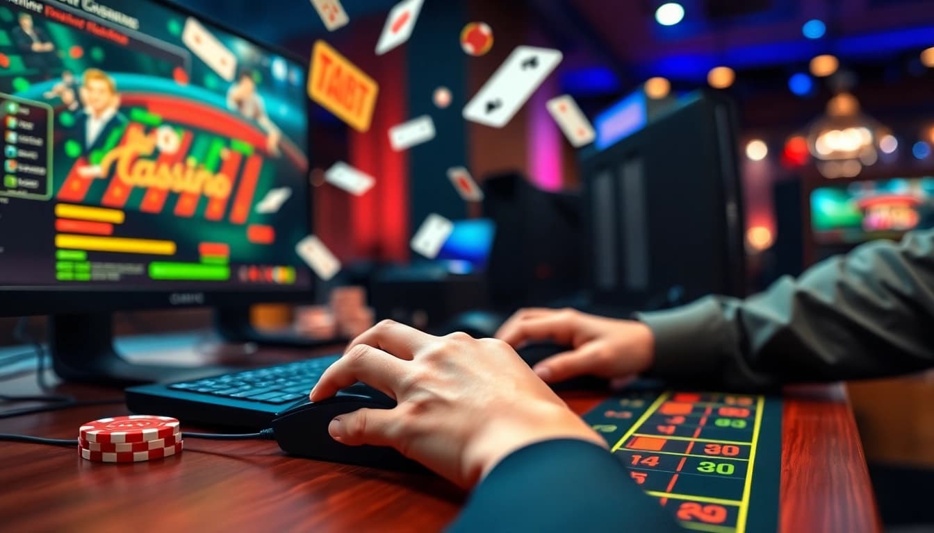 Casino spielen online mit einem Spieler, der an seinem Computer spielt und aufregende Casino-Elemente erlebt.