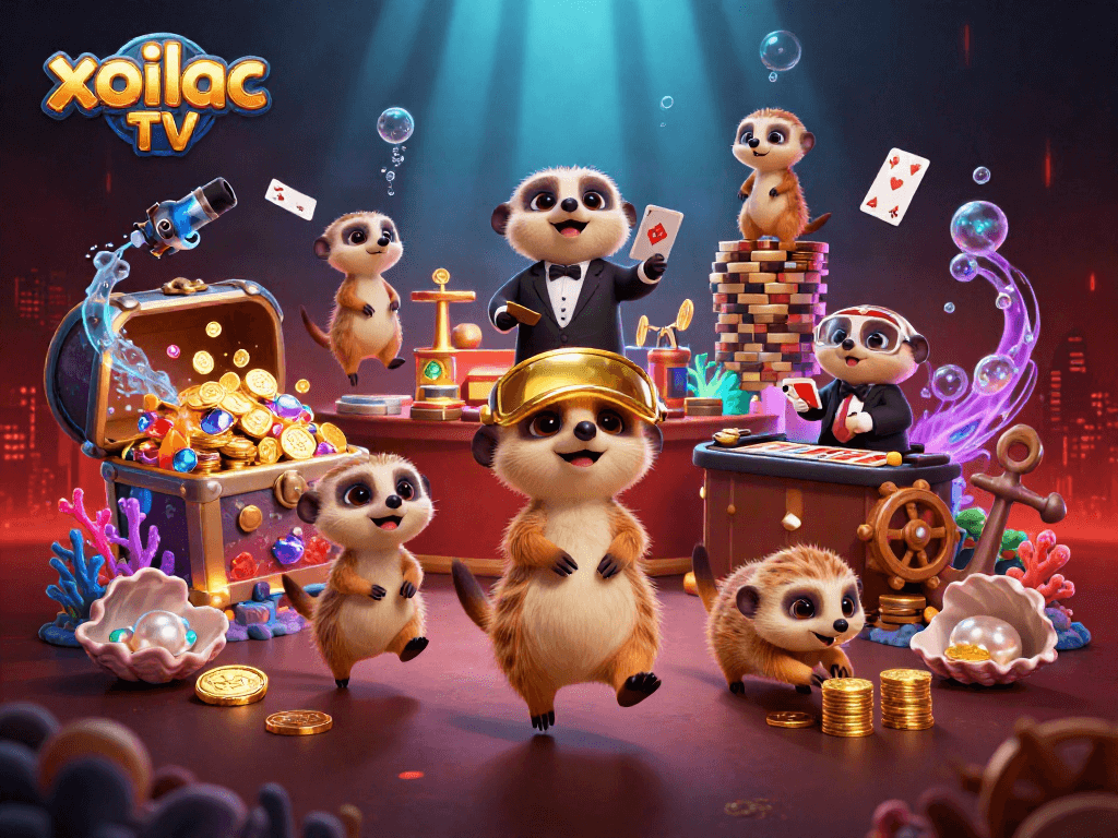 Xoilac TV cung cấp hình ảnh vui nhộn về dàn meerkat điều hành casino dưới nước với nhiều yếu tố sắc màu.