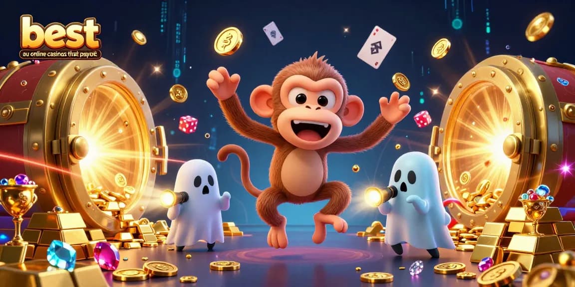 Engage with the best au online casinos that payout while encountering a playful poltergeist monkey and curious puppy in a rich casino backdrop.