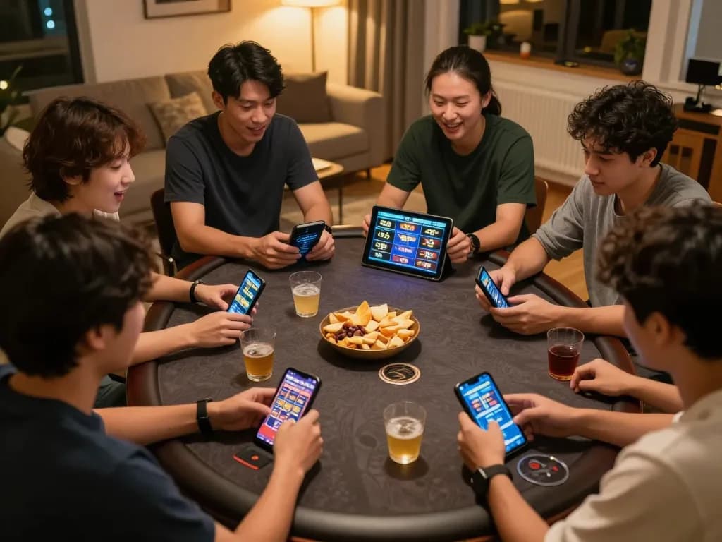 Players enjoying an online game on rik vip, showcasing mobile devices and social interaction.