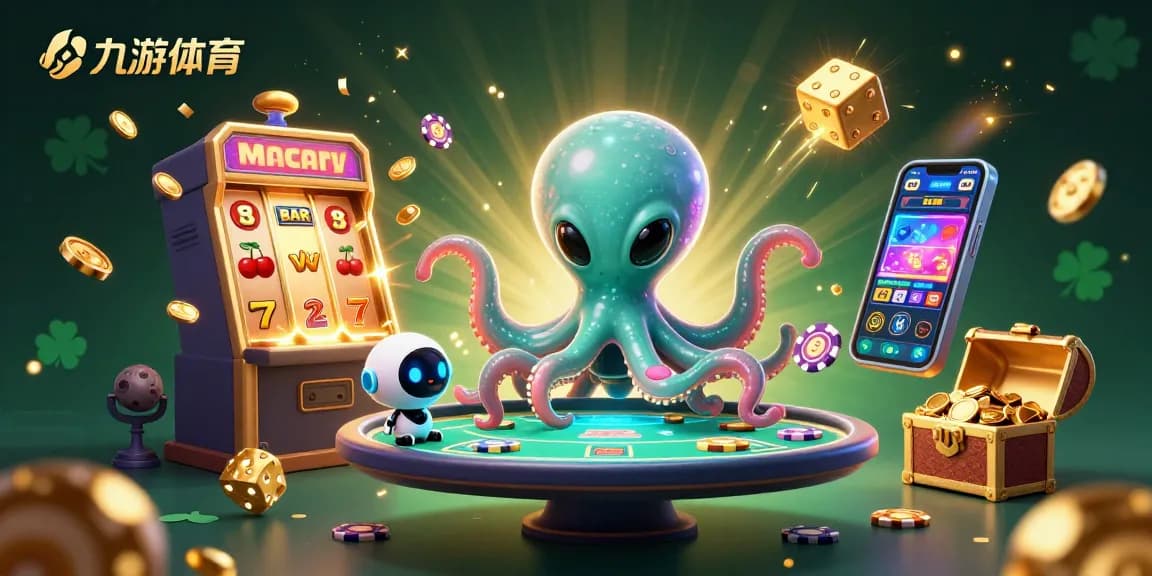 在九游体育中，外星章鱼与机器人一起操作浮动的扑克桌，营造出丰富多彩的在线赌博场景。