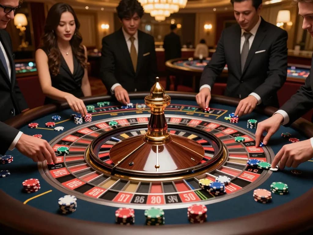 Engaging roulette action at vin 88 casino table, players eagerly placing bets amid vibrant atmosphere.