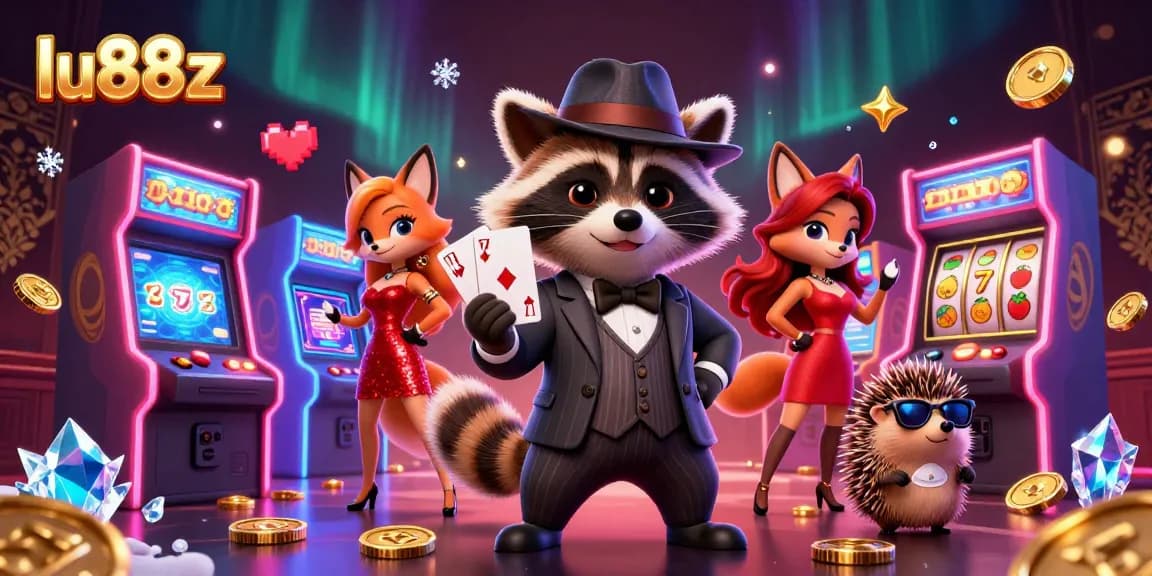 Experience exhilarating gameplay with lu88z in a vibrant casino scene featuring a raccoon and friends.