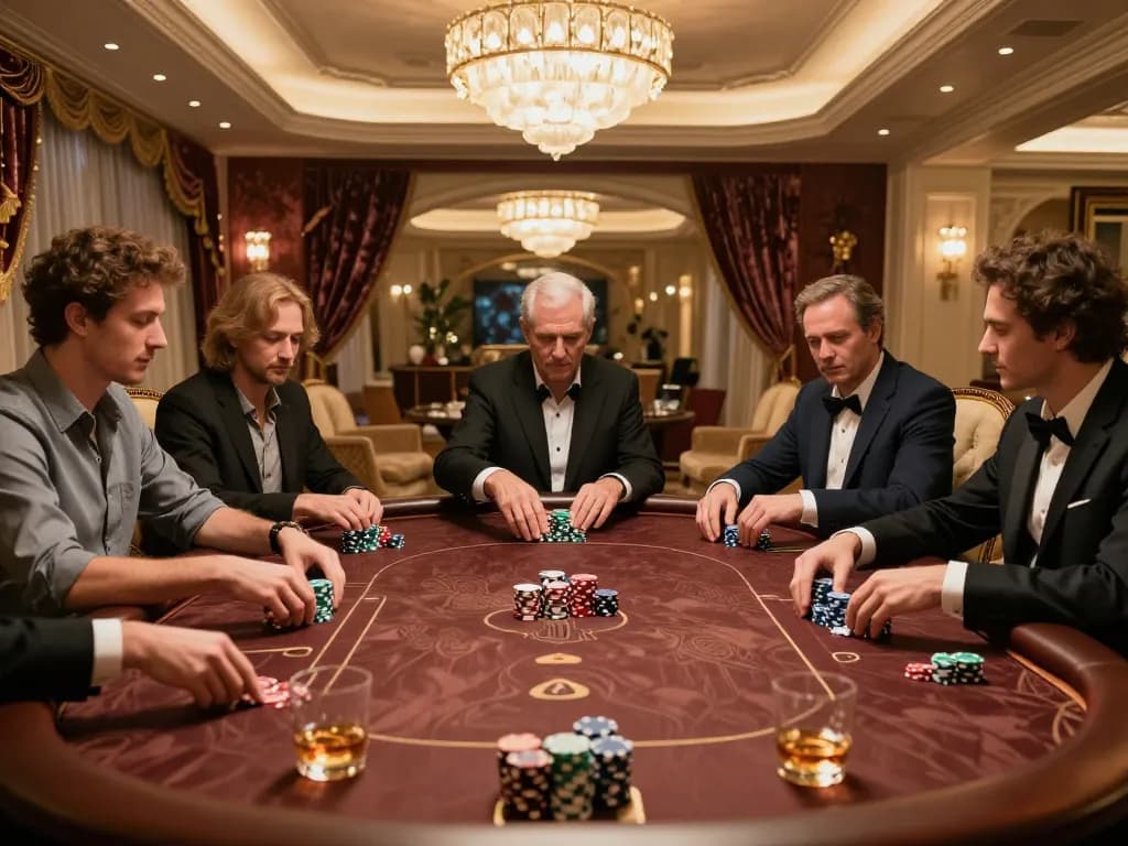 du 88 high-stakes poker players strategizing in a luxurious private gaming room