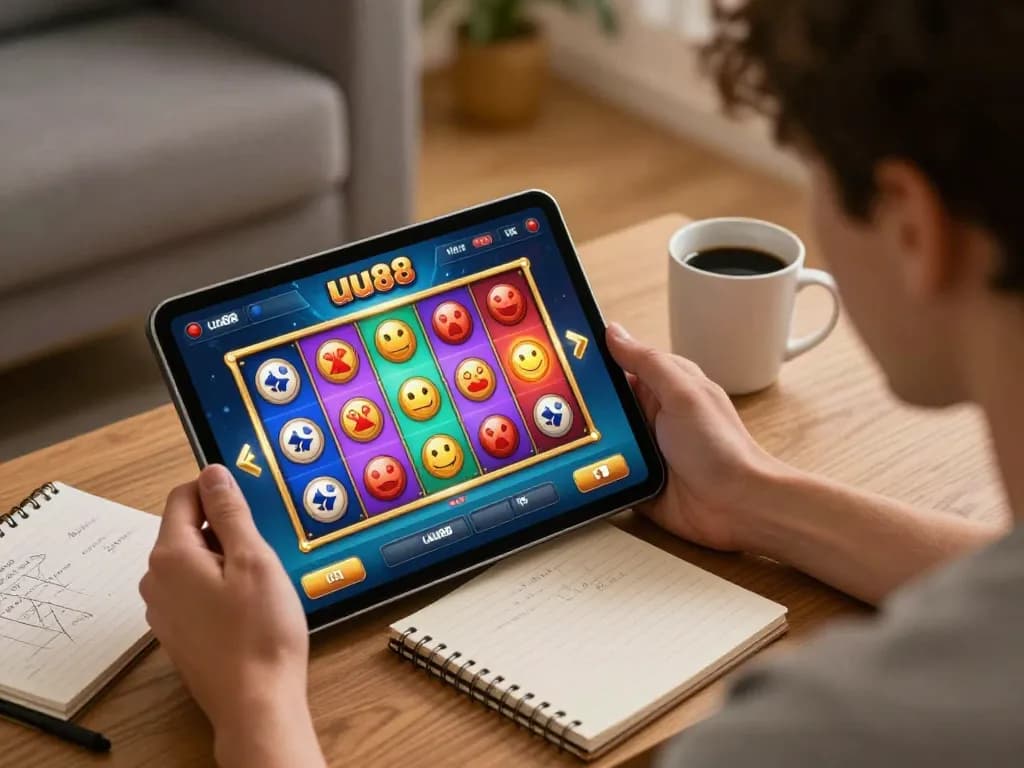 Player using the uu88 app on a tablet in an inviting home setting, showcasing an engaging online gambling experience.