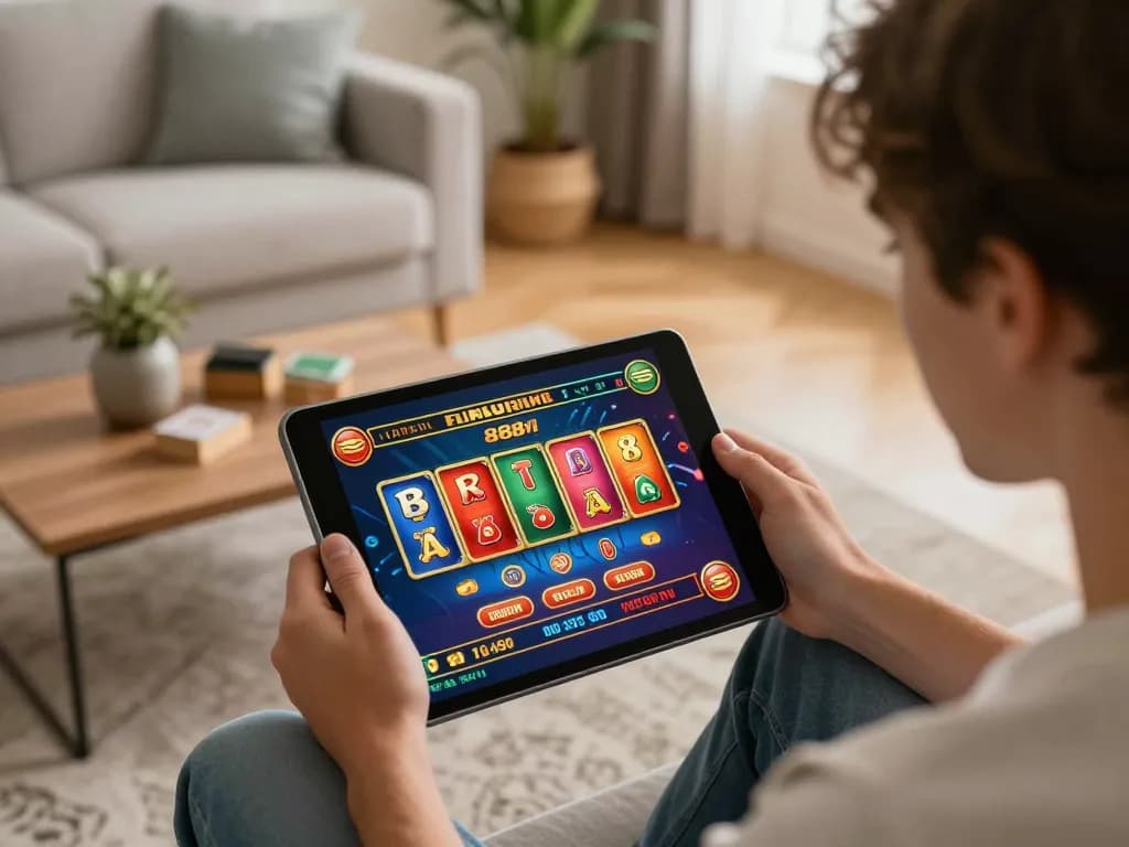 Person playing immersive poker game on 888vi tablet with cozy home setting