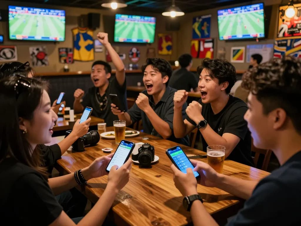 Fans engaged in cá cược thể thao at a sports bar, using smartphones to place bets while celebrating