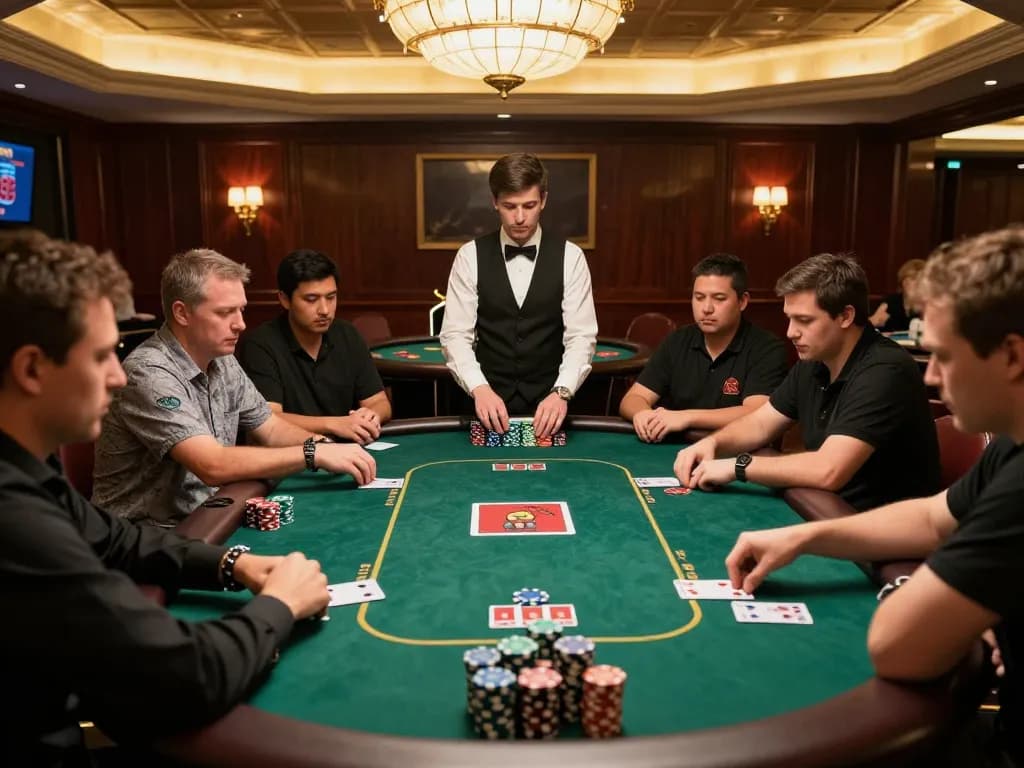 Engaged players strategizing at a poker table while enjoying rik 88 gaming experience, dynamic casino atmosphere.