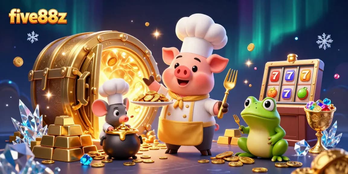 Experience five88z with a chef pig, mouse, and frog among vibrant casino treasures.