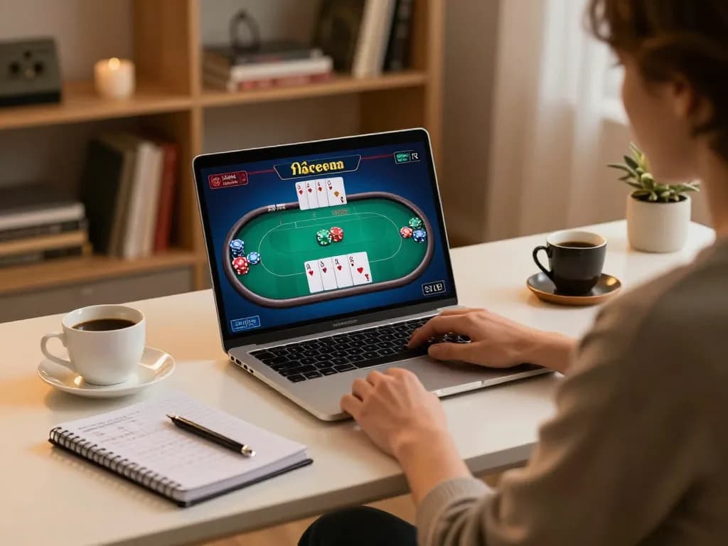 Player enjoying an online poker game on 388bet from a stylish home setup, showcasing strategy notes and a cozy atmosphere.