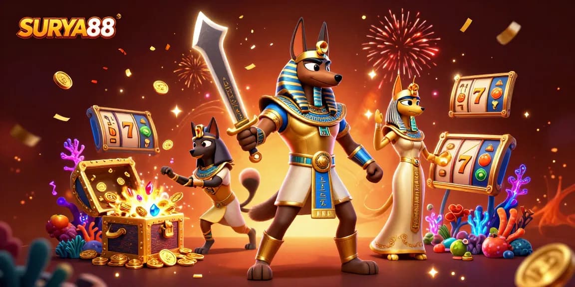 Engage in epic gameplay excitement with SURYA88, featuring Anubis and Bastet among casino treasures.