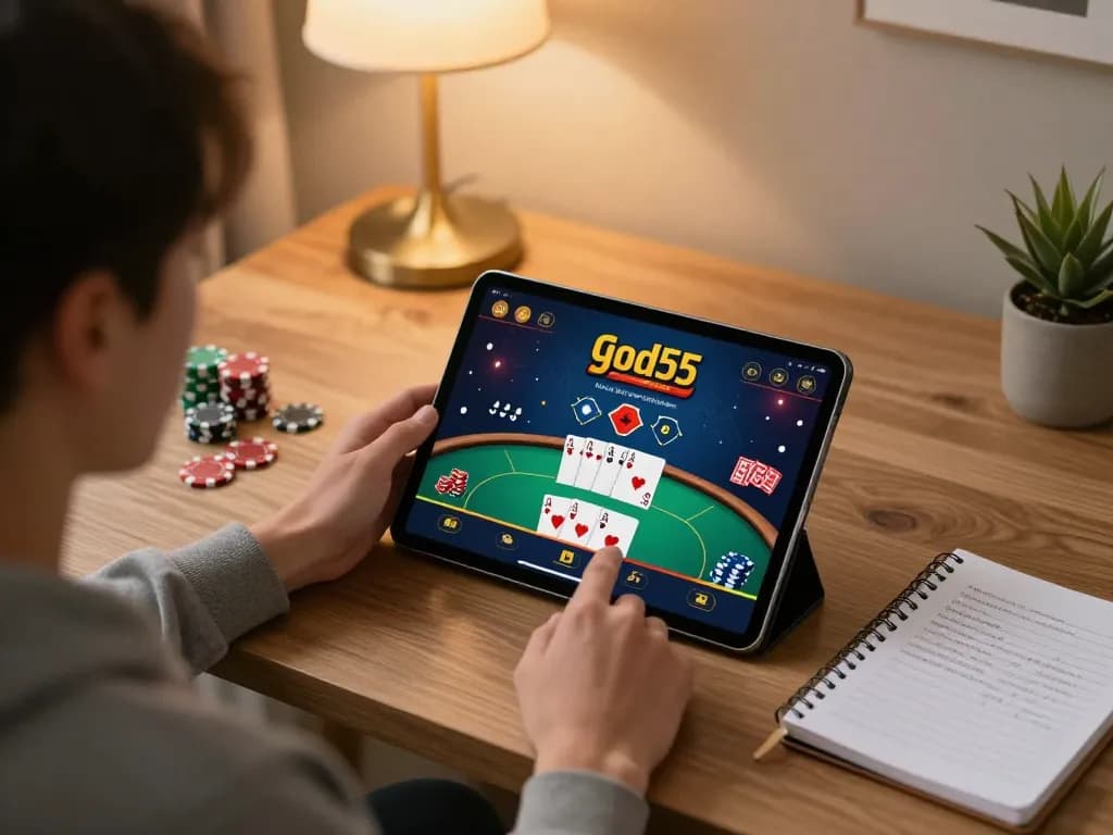A person engaging with the god55 casino app on a tablet, showcasing an online poker game interface.