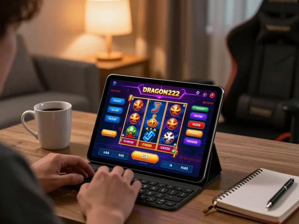 Player engaging with DRAGON222 app on tablet in cozy gaming setup, showcasing vibrant slot game graphics.
