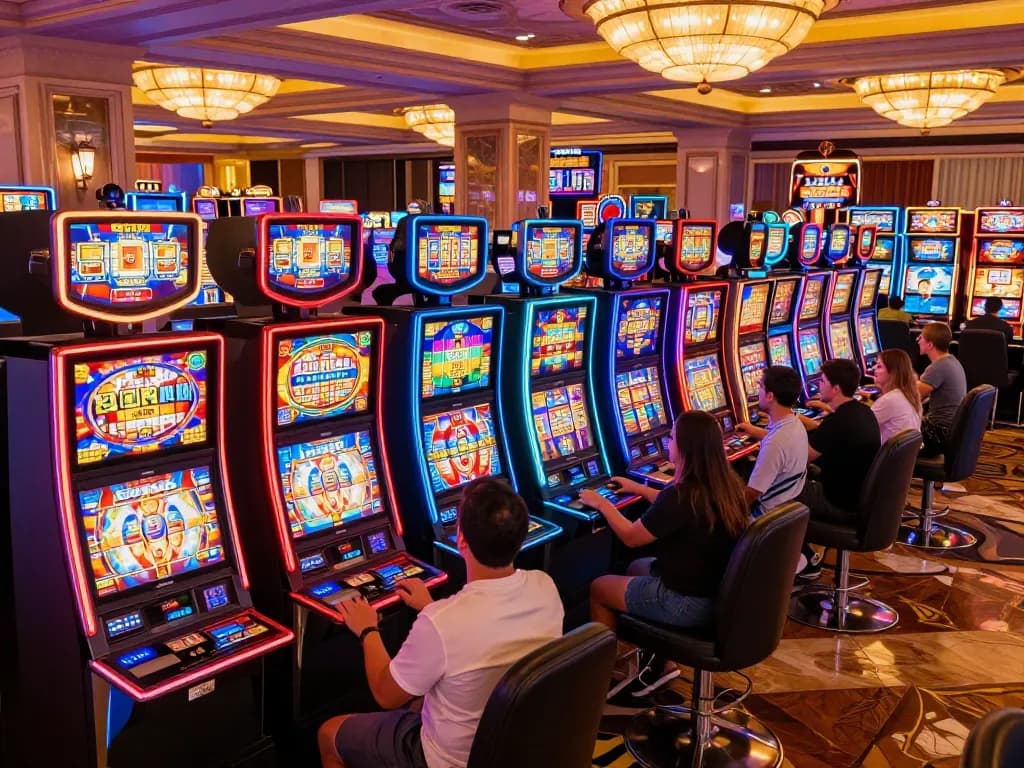 Players engaging with colorful slot machines in a lively casino atmosphere.