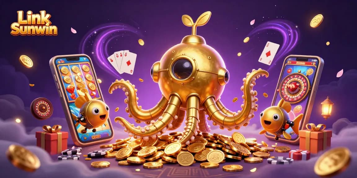 Win big with Link Sunwin: 3D illustration of underwater casino adventure filled with gold coins and vibrant game elements.