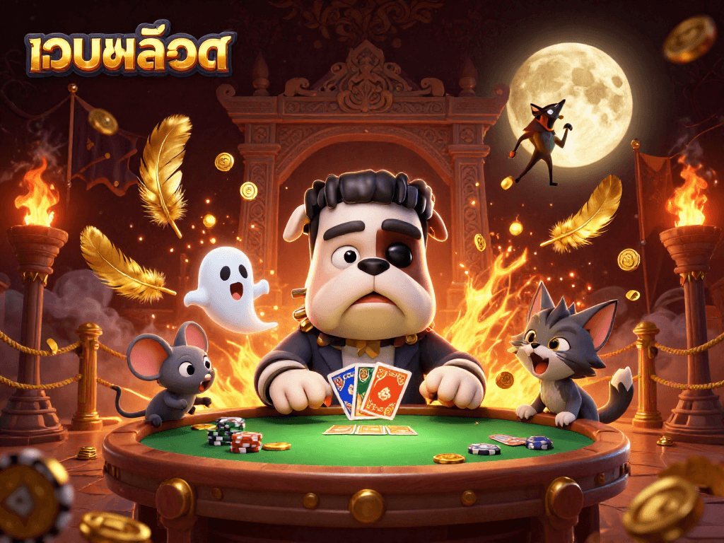 Engage in เว็บสล็อต action with a luminous Franky bulldog dealer at a haunted table.
