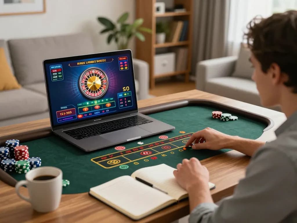 Player engaging in online gaming with TT88 featuring live roulette, laptop display, and betting strategy.