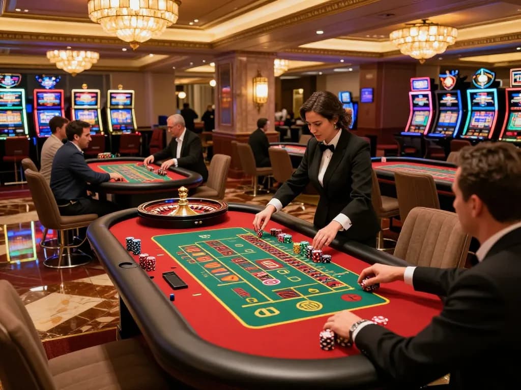 Players engaging at Canada online casinos, placing bets at roulette tables, capturing excitement and strategy in a luxurious venue.