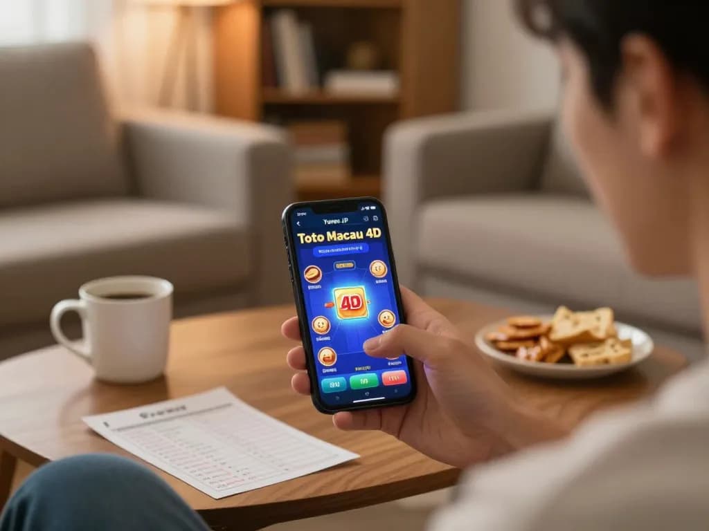 Enjoying Yowes JP for fast Toto Macau 4D gameplay on a smartphone at home, creating a cozy online gaming experience