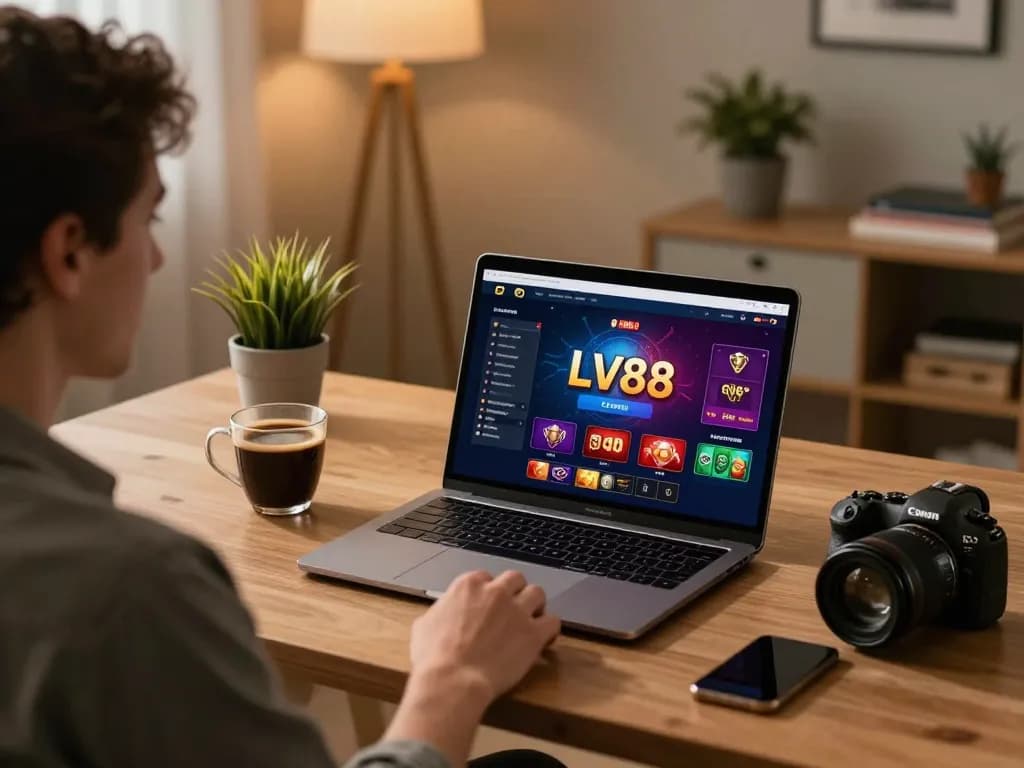 Engaging in online casino gameplay at LV88, showcasing an inviting home desk setup with gaming interface.