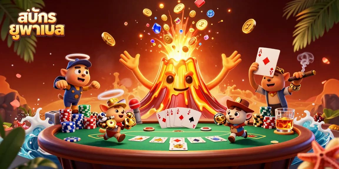 Win with สมัครยูฟ่าเบท as the golden volcano erupts in a treasure-filled casino scene.