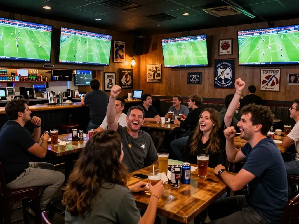 Cakhiatv offers live football viewing experiences in a vibrant sports bar setting, capturing the excitement.