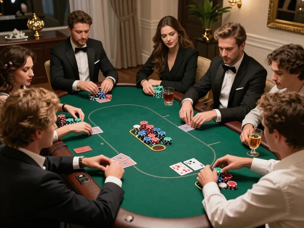 Engaging poker game night with friends, featuring vk88 chips and cards in luxurious home atmosphere.