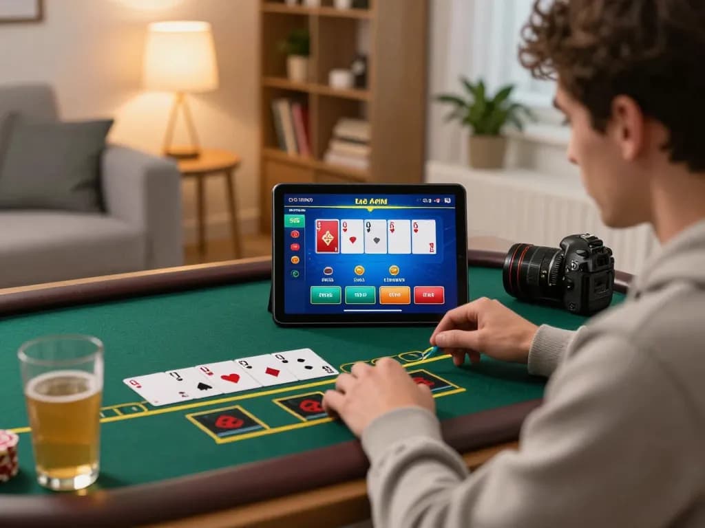 Bergabung dengan GOLDWIN88 dalam permainan blackjack online yang hidup di tablet dalam suasana ruang tamu yang nyaman.