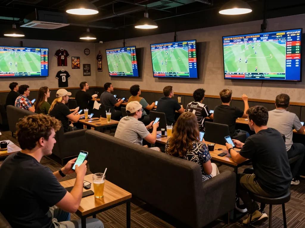 rr99 sports betting fans placing bets in a modern lounge during live games