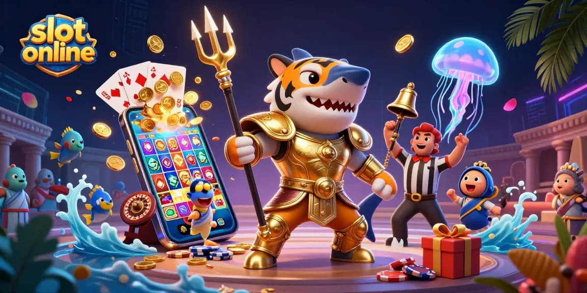 Temukan keseruan slot online dengan ilustrasi hi-tech menampilkan hiu kartun ganas di arena bawah laut.