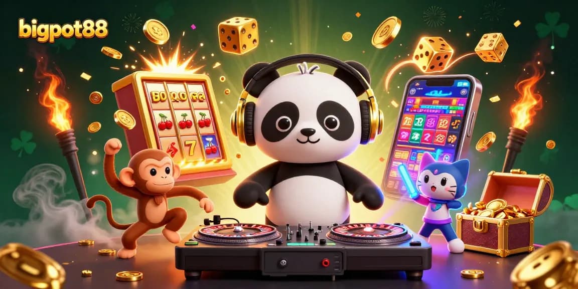 Experience bigpot88 gaming with a DJ panda and vibrant casino elements in an energetic scene.