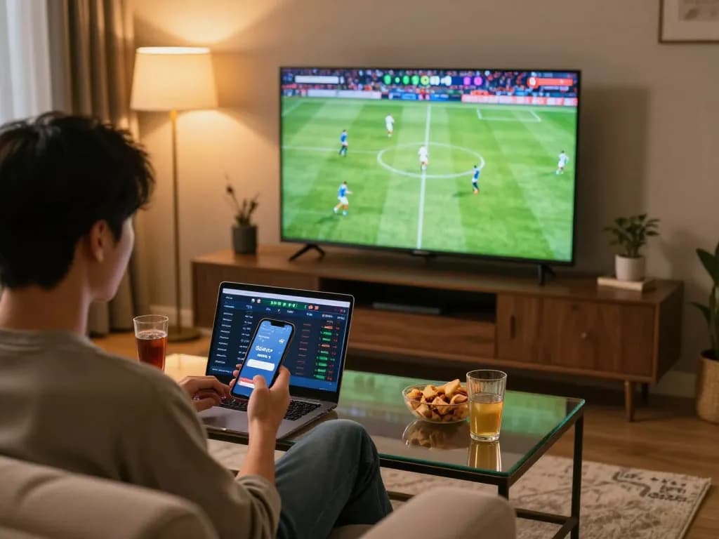Orang yang terlibat dalam taruhan olahraga mobile di SPBO 1 sambil menonton pertandingan sepak bola langsung, menangkap kegembiraan dari taruhan waktu nyata.