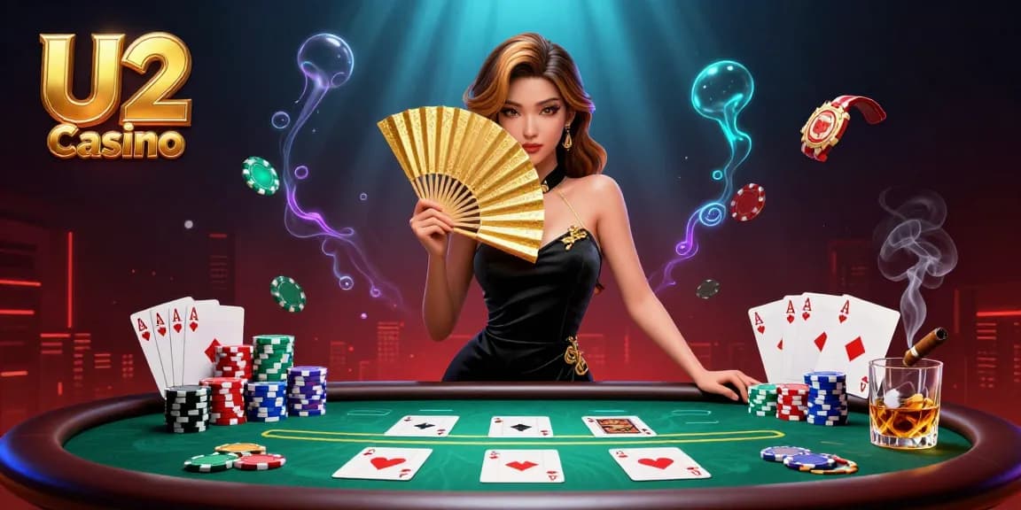 Engage with U2 Casino through a stunning 3D illustration showcasing an elegant Asian woman and dynamic poker elements.