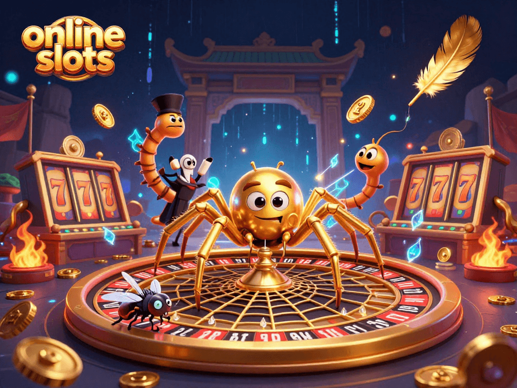 Experience excitement with online slots as a golden spider spins a roulette wheel while a nervous fly bets.