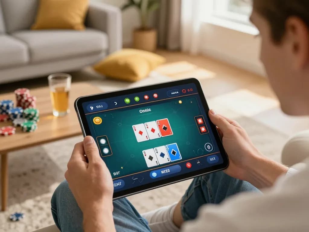 Engaging in the sun win app for online poker on a tablet at home, showcasing lively gameplay.