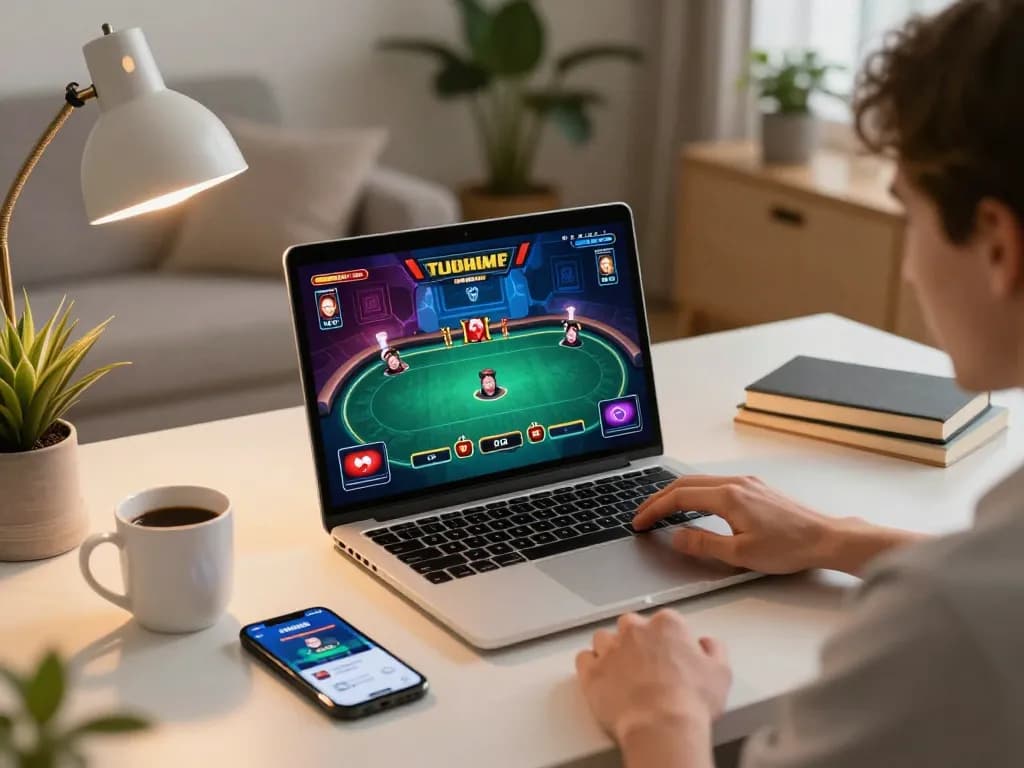 KONG88 player enjoying exciting online poker session with laptop and gaming app.