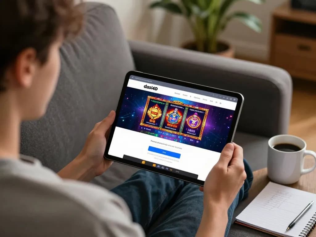Momen permainan online yang menarik dengan dasi4d login di tablet, individu merencanakan strategi dengan catatan dan kopi.