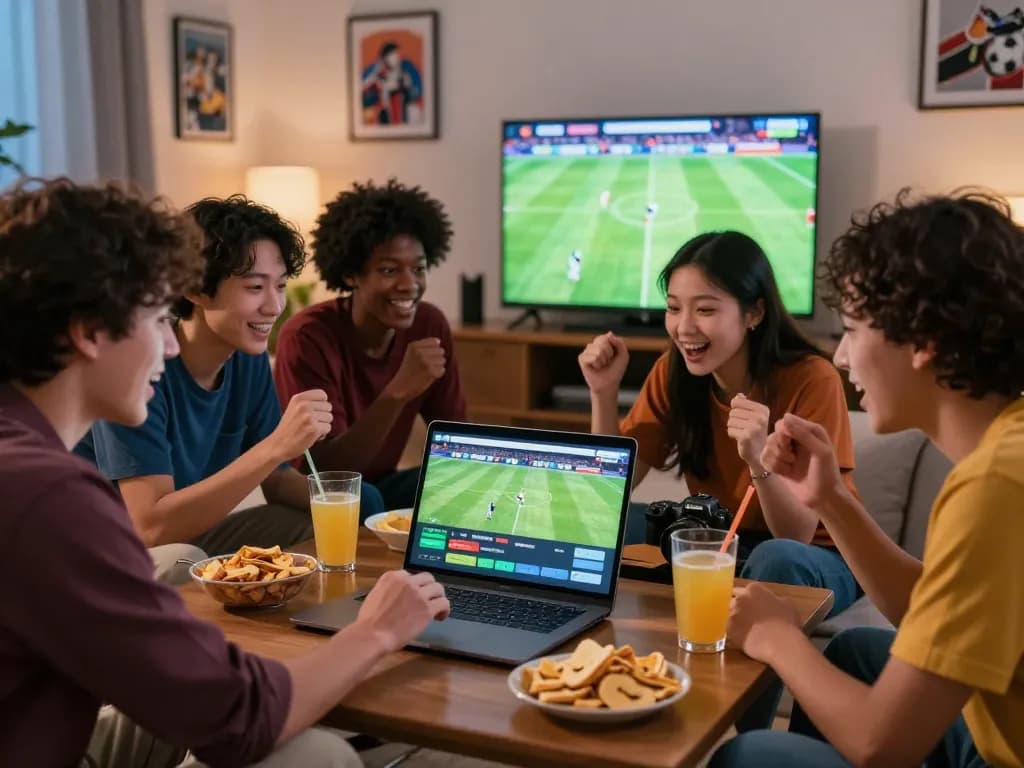 Friends enjoying a judi bola betting experience while watching a football game together.